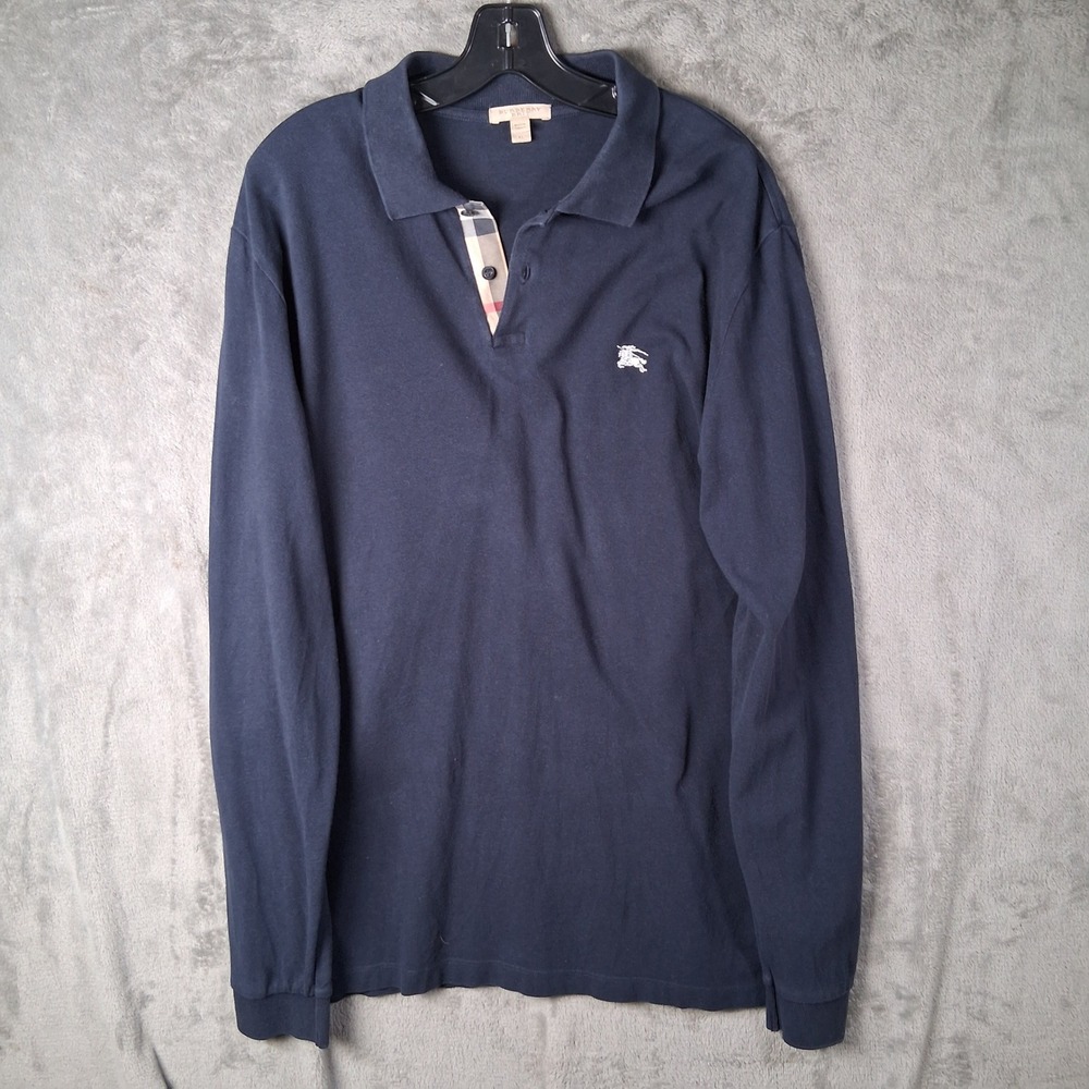 Burberry Brit Mens XL Navy Blue Long Sleeve Pique Polo Shirt Nova Check Placket